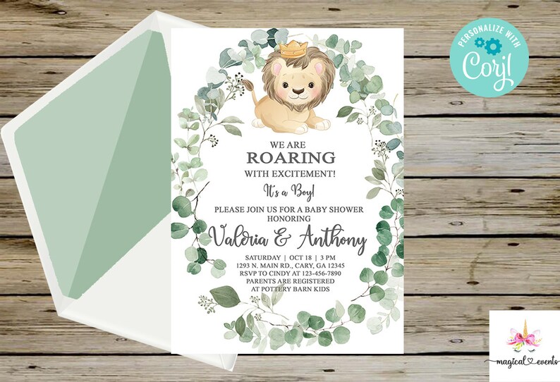 May include: A baby shower invitation with a green eucalyptus wreath and a cute lion cub wearing a crown. The text reads "We are Roaring with Excitement! It's a Boy!" and includes the names "Valdria & Anthony" and details for the event.