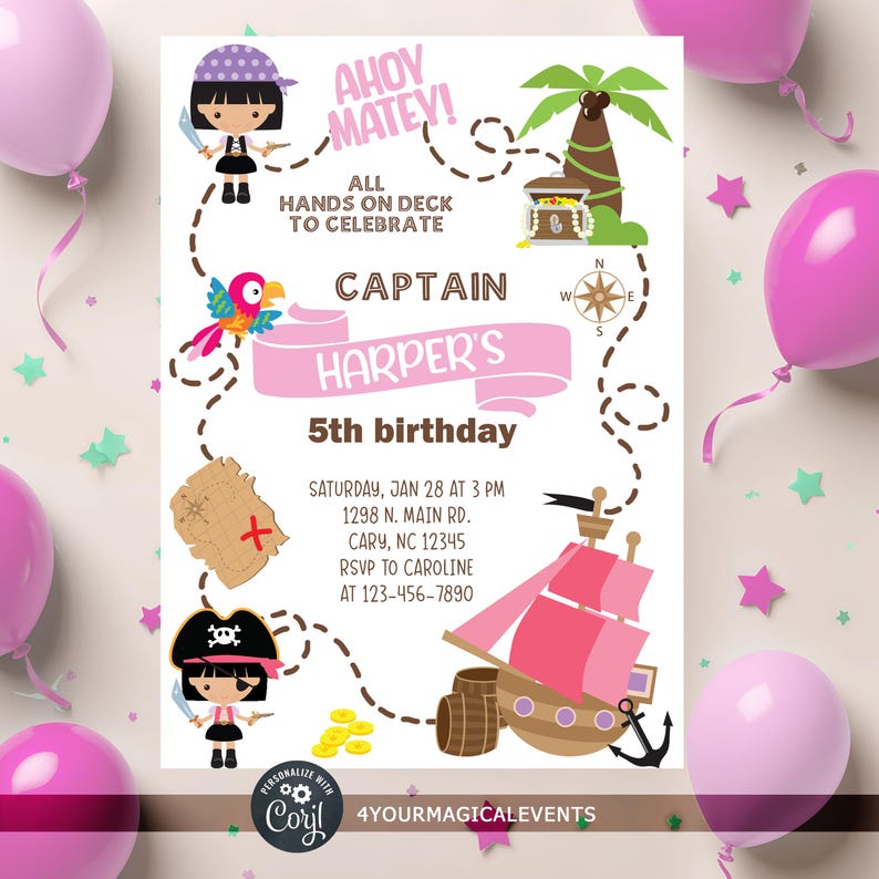 May include: A pirate-themed birthday invitation with pink accents. The design includes pirate illustrations, a treasure map, a ship, and the text "Ahoy Matey!" and "Captain Harper's 5th birthday". The invitation is decorated with pink balloons.
