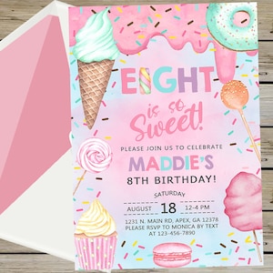 Candy EIGHT is SO SWEET girl 8th birthday invitation, birthday invite, cotton candy sweets donut ice cream cupcake, corjl digital printable.