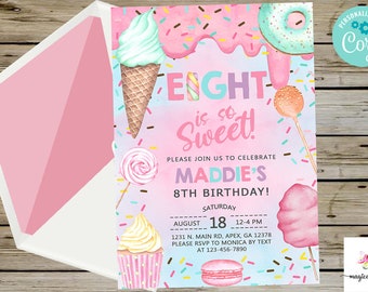 Candy EIGHT is SO SWEET girl 8th birthday invitation, birthday invite, cotton candy sweets donut ice cream cupcake, corjl digital printable.