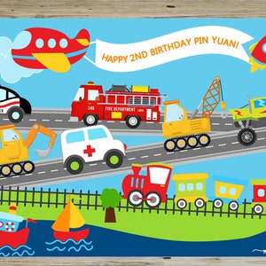 DIGITAL IMAGE, digital printable, digital backdrop, You print nothing is shipped, Corjl transportation vehicles boy birthday backdrop.