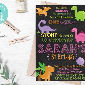 Dinosaurs 1st first birthday invitation, dinosaur girl birthday invite, corjl digital printable, our little dinosaur has grown so fast, dino