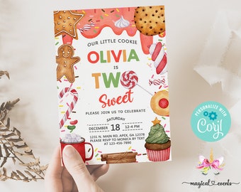 Candy Christmas TWO SWEET girl birthday invitation, Christmas cookies Two Sweet 2nd second birthday invite, sweets, corjl digital printable.