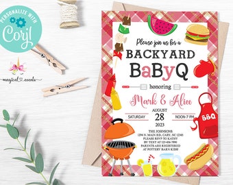 BABY-Q babyshowerinbjudan, grillbabyshowerinbjudan, digitalt utskrivbar corjl, co-elev grillbabyshowerinbjudan, bakgårdsbabyQ.