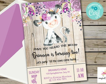 Cow 1st birthday invitation, have you heard the moos, girl first birthday invite, corjl editable, digital printable, cow, purple flowers.