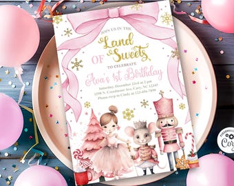 Mädchen rosa Schleife / kokette NUSSKNACKER Weihnachten Geburtstagseinladung, Ballerina Tänzerin und Nussknacker, Corjl digital print, goldene Schneeflocken