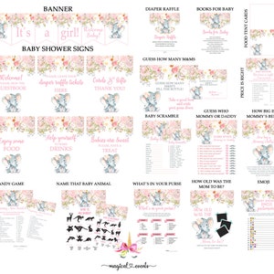 10 Spiele, 6 Schilder, Banner, Einsteckkarten, Elefant Baby Shower Bundle, Mädchen Elefanten Spiele Zeichen und Karten Paket, rosa blush Blumen, Packung.