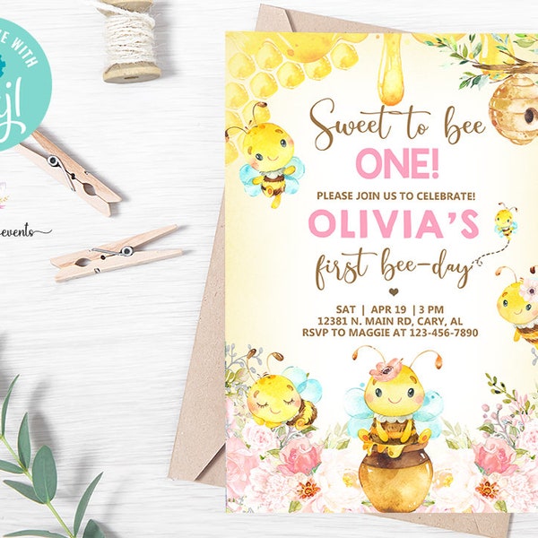 Sweet to bee One birthday invitation, bumblebee girl birthday invite, corjl editable, digital printable, Bumblebee honey bees, 1st birthday.