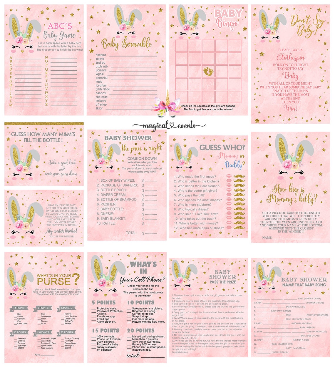 Bunny Baby Shower Games Bundle, Girl Bunny Games Package, Bunny Face ...