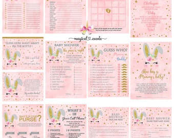 Bunny baby shower games bundle, girl bunny games package, bunny face, flowers and gold glitter pack, girl easter baby shower, pink bunny.