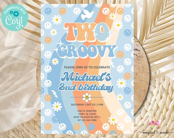 May include: A blue and orange invitation with a groovy font that says "Two Groovy" and "Michael's 2nd Birthday". The invitation is decorated with smiley faces and daisies.