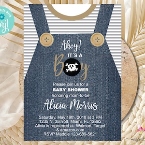 Denim overalls pirate baby shower invitation, boy baby shower invite, ahoy its a boy, corjl digital printable, pirate blue denim overalls.