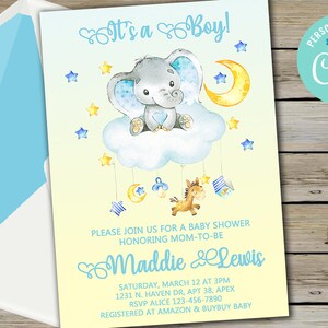 Elephant baby shower invitation, boy baby shower invite, baby elephant cloud moon stars, digital printable, blue boy shower, corjl editable.