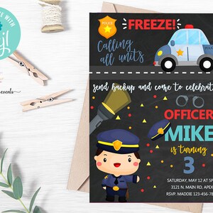 Police car boy birthday invitation, police officer boy birthday invite, digital printable, freeze, calling all units, boy, corjl editable.