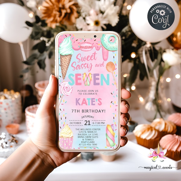 Sweet Sassy & Seven girl birthday cell phone evite, birthday phone invitation electronic invite, sweets candy donut, corjl digital printable