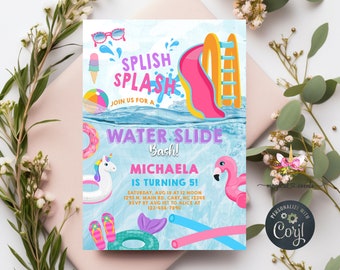 Water slide party bash birthday invitation, splish splash pool birthday invite, water slide bash, corjl digital printable, water slide pool.
