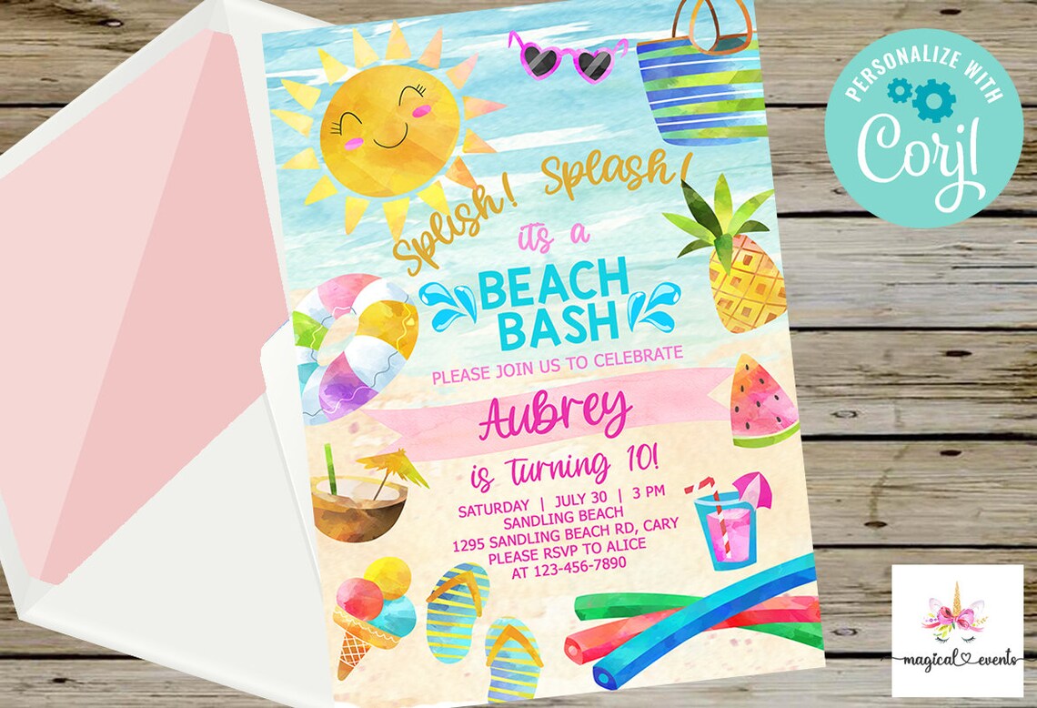 Beach Bash Girl Birthday Invitation Splish Splash Beach - Etsy