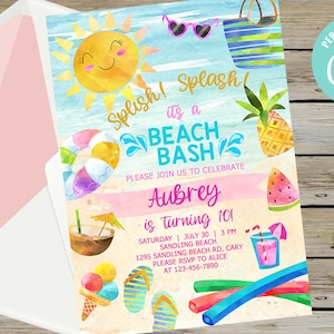 Invitación de cumpleaños de chica bash de playa splish splash cumpleaños de playa invitación de verano invitación digital imprimible fiesta de playa bash corjl editable