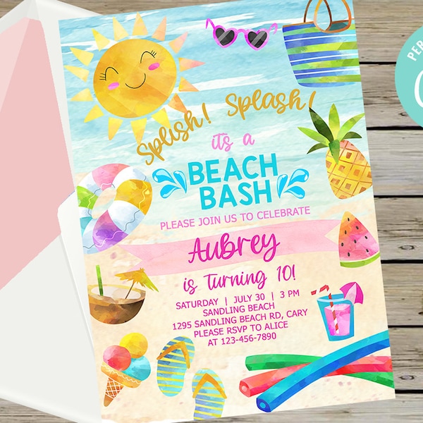 Beach bash girl birthday invitation splish splash beach birthday invite summer invitation digital printable beach party bash corjl editable