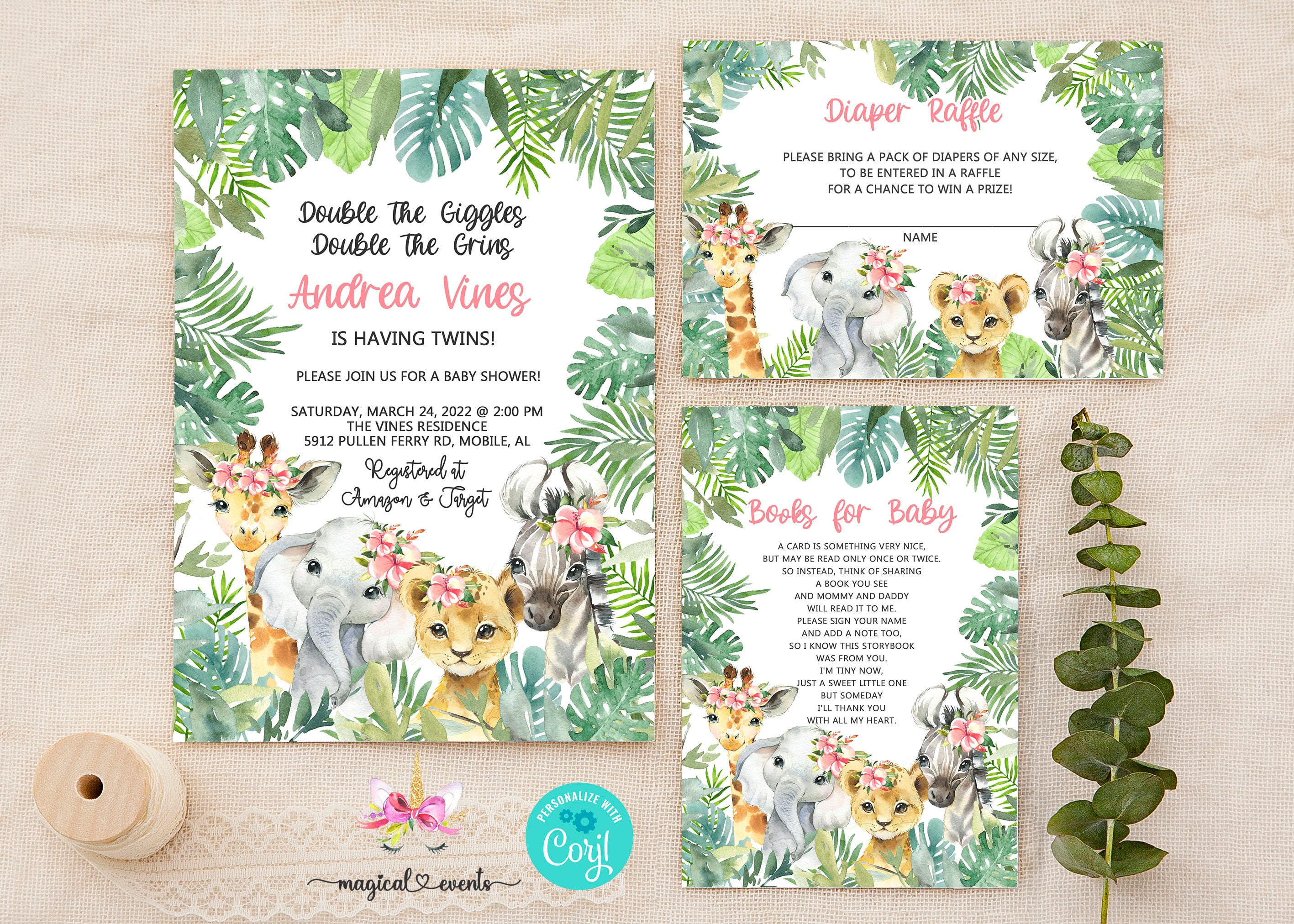 Safari Tiere Mädchen Zwillinge Babypartyeinladung, Bücher für Baby Windel  Verlosung digital bedruckbar, Löwe Elefant Zebra Giraffe Corjl bearbeitbar  - Etsy Österreich, image size:2834x2024