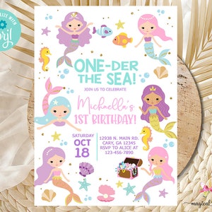 One-der the Sea birthday invitation, girl birthday invite, Oneder the sea ocean life invite, corjl digital printable, mermaid girl mermaids