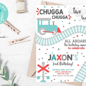 Todos a bordo de la invitación de cumpleaños del niño del tren, la invitación del 2º segundo cumpleaños del niño del tren, la invitación de los trenes, imprimible digitalmente, corjl editable.
