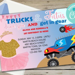 Siblings tutu and monster truck birthday invitation, boy girl brother sister, birthday invite digital printable, monster trucks tutus, corjl