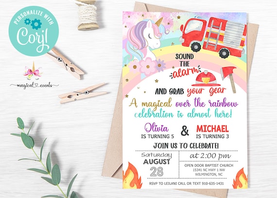 Siblings Firefighter and Unicorn birthday invitation, invite, digital printable, firetruck fireman rainbow unicorn gold, corjl editable.