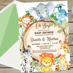 Safari baby shower invitation, invite, Jungle animals green leaves, corjl digital printable, tree trunk slice, safari, its a boy, Oh boy.