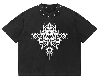 Unisex Washed Boxy Studded White Tribal Print Streetwear T-Shirt tattoo urban tribal design for a unique stand out look for nights out