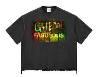 Snow Wash Raw-Hem Ghetto Fabulous Boxy Streetwear T-shirt in range of sizes, carnival apparel and urban reggae fashion for out on the town
