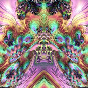 Puede incluir: Una obra de arte fractal digital que presenta una composición simétrica de patrones arremolinados en tonos vibrantes de magenta, verde azulado, verde lima y oro. El diseño intrincado muestra formas orgánicas repetitivas y líneas fluidas que crean una textura visual compleja y superpuesta en todo el marco.