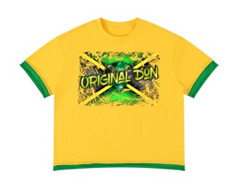 Unisex Boxy Colour Block Original Don Jamaican Flag Streetwear T-Shirt in a range of sizes, carnival apparel and urban reggae fashion