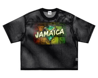 See-through Boxy Jamaica Stone Net Streetwear T-Shirt in range of sizes, carnival apparel and urban reggae fashion for nights out in summer