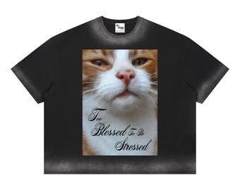 Unisex Boxy Sunfade Vintage Wash Too Blessed To Be Stressed T-Shirt streetwear clothing in various sizes, ideal for nights out or indoors