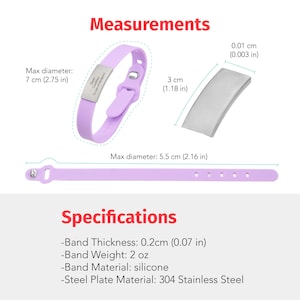 May include: A purple silicone wristband with a silver engraved plate. The plate is 0.01 inches thick and 1.18 inches long. The wristband is 2.75 inches in diameter and weighs 2 ounces.