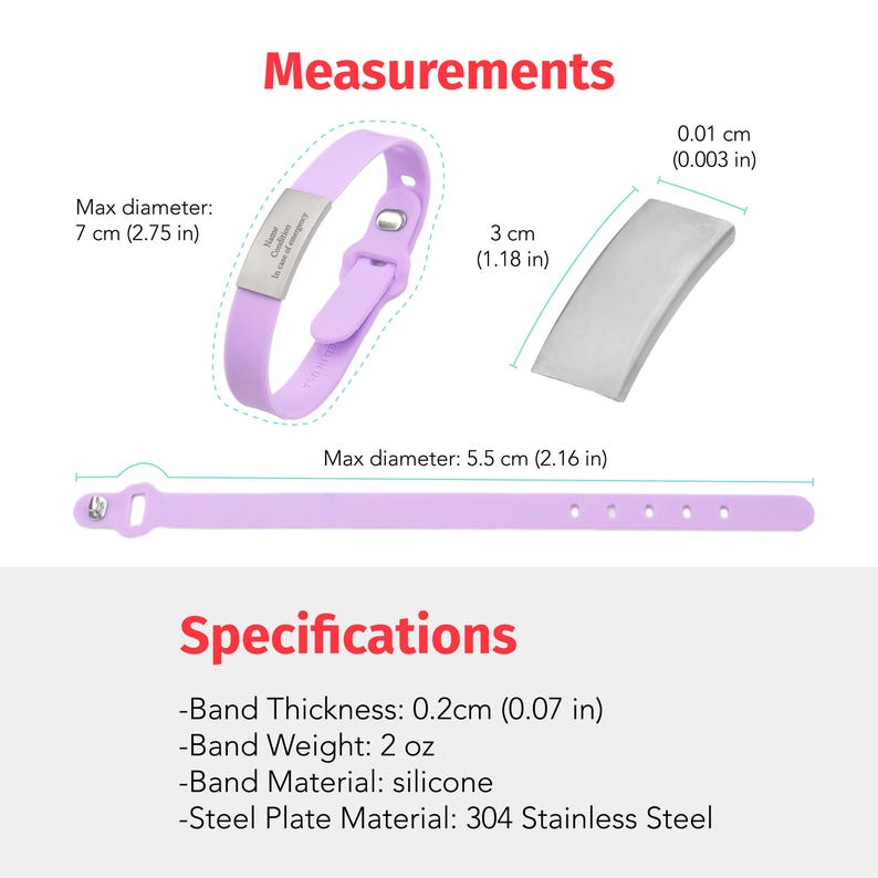 May include: A purple silicone wristband with a silver engraved plate. The plate is 0.01 inches thick and 1.18 inches long. The wristband is 2.75 inches in diameter and weighs 2 ounces.