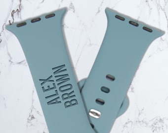 Custom Apple Silicone Watch Band Laser Engraved Watch Strap Personalized Names Band for 9 Ultra 8 7 6 5 4 3 2 1 SE Women Men (Bebas Regular)