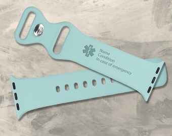 Personalized Medical alert Designs, Apple Silicone Watch Band for Apple Watch Series 9 Ultra 8 7 6 5 4 3 2 1 SE (HORIZONTAL)