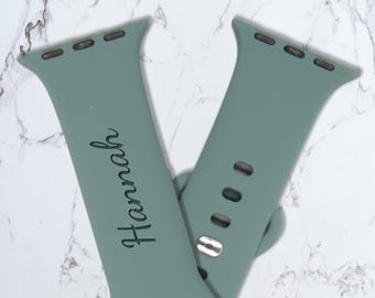 Custom Apple Silicone Watch Band Laser Engraved Watch Strap Personalized Names Band- 9 Ultra 8 7 6 5 4 3 2 1 SE Women Men (Dancing Script)
