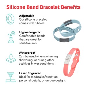 May include: Silicone band bracelets with adjustable sizing, hypoallergenic material, waterproof design, and laser engraved options. The bracelets are shown in blue and pink.