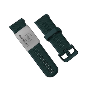 May include: Two dark green watch straps with a silver buckle. One strap has the text "CUSTOM TEXT" and a circular "CUSTOM LOGO" graphic. The straps are made of a textured material and are designed for a smartwatch.