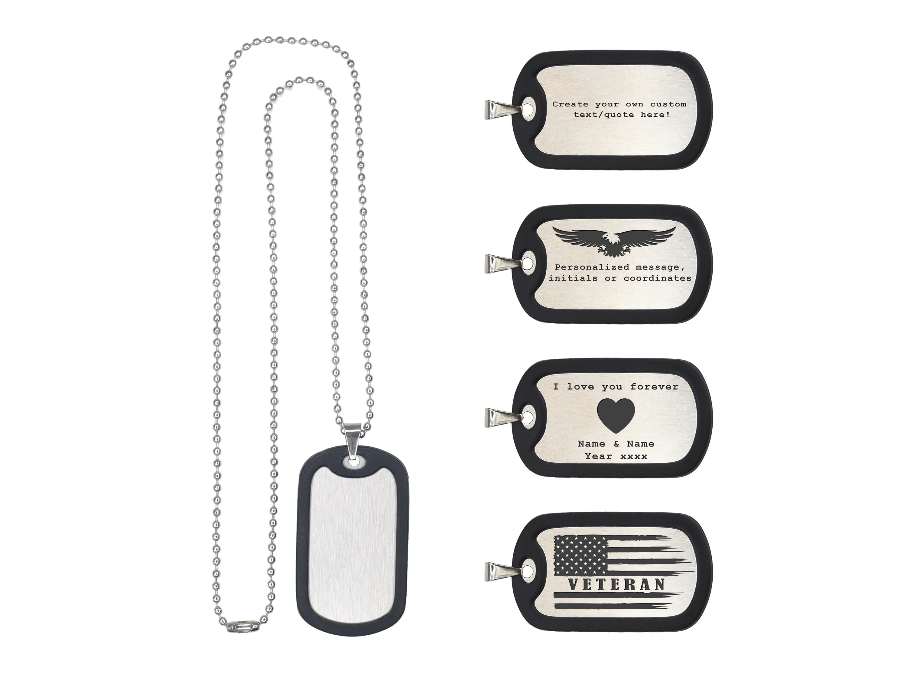 Custom Military Style Tag for Men, 304 Stainless Steel Silver Plate w/ a Removable Black Silicone Silencer, 24" Steel Ball Chain Necklace