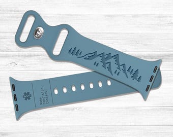 Personalized Medical Alert for Apple Watch, Mountain Design, Custom Apple Silicone Watch Band-Apple Watch Series 9 Ultra 8 7 6 5 4 3 2 1 SE