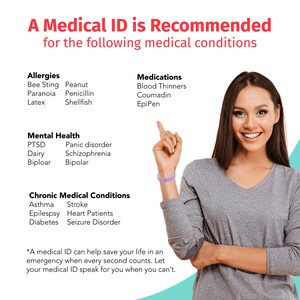 May include: A woman wearing a purple medical ID bracelet. The text on the image reads "A Medical ID is Recommended for the following medical conditions." The image lists allergies, medications, mental health conditions, and chronic medical conditions.