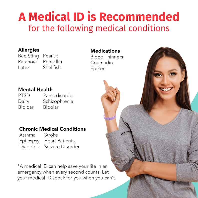 May include: A woman wearing a purple medical ID bracelet. The text on the image reads "A Medical ID is Recommended for the following medical conditions." The image lists allergies, medications, mental health conditions, and chronic medical conditions.