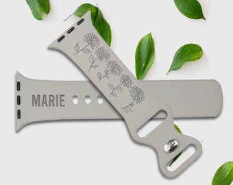 Custom Apple Silicone Watch Band, Laser Engraved – Watch Strap Birth Flower Watch Band for 9 Ultra 8 7 6 5 4 3 2 1 SE Women Men (November)