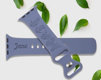 Custom Apple Silicone Watch Band, Laser Engraved – Watch Strap Birth Flower Watch Band for 9 Ultra 8 7 6 5 4 3 2 1 SE Women Men (May)