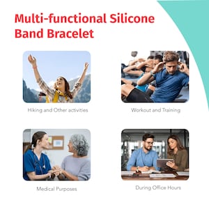 May include: A multi-functional silicone band bracelet is shown in four different scenarios: hiking, working out, medical purposes, and during office hours.