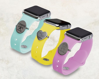 Personalized Cancer Awareness Oval Heart Metal Stud Apple Watch Band Charm Accessory, Engraved Stainless Steel Plate, 18-22mm Watch Band